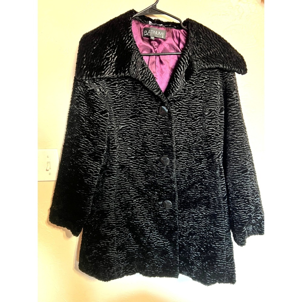 PLATINUM Petite Black Faux Fur Textured Winter Coat Old Money Dark Academia Glam